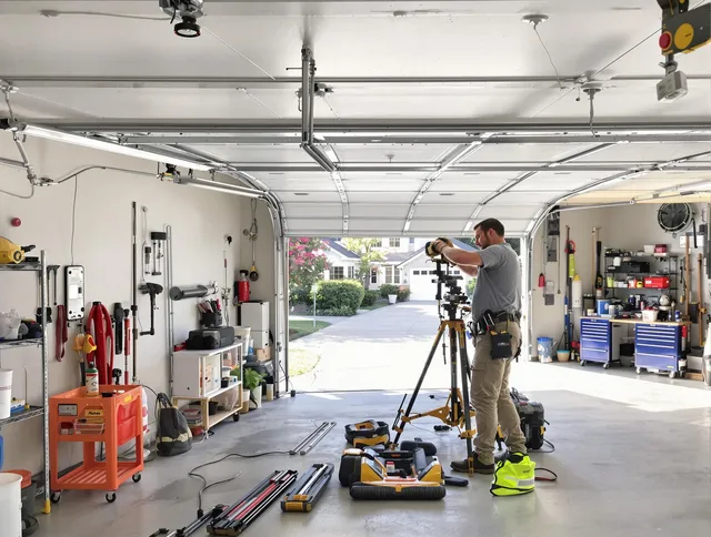 East Los Angeles Garage Door Repair specialist performing laser-guided track alignment in East Los Angeles
